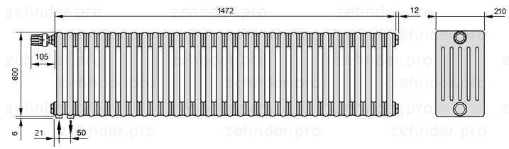 Схема (чертеж) Радиатор Zehnder Charleston 6060/32 №V001 Белый глянцевый RAL 9016